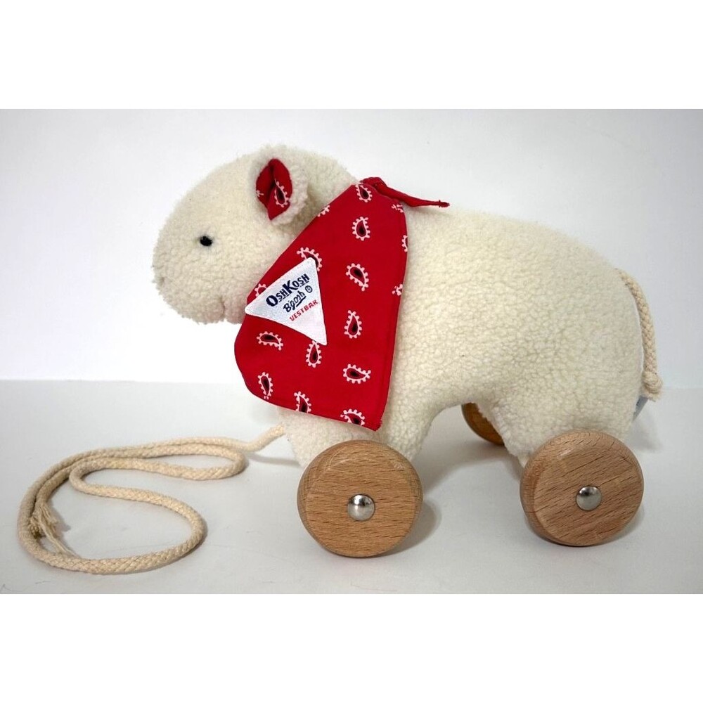 Rare Vintage OshKosh Osh Kosh B'Gosh Eden Lamb Plush Wooden Wheels‎ Pull Toy